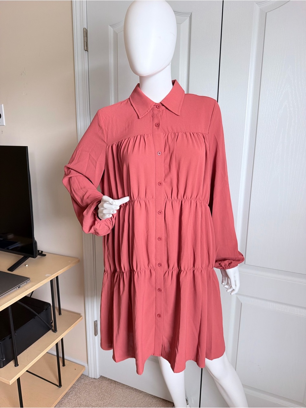 New Women's Kate Kasin Collared Tiered Button-Down Babydoll Shirt Dress Size M